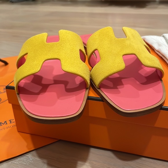 BNIB AUTHENTIC HERMES Suede Yellow & Pink Coral Orans SZ. 37.5 or 7.5 - Picture 8 of 13